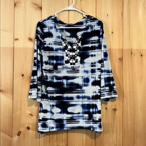 JM Collection Navy and White Abstract Top